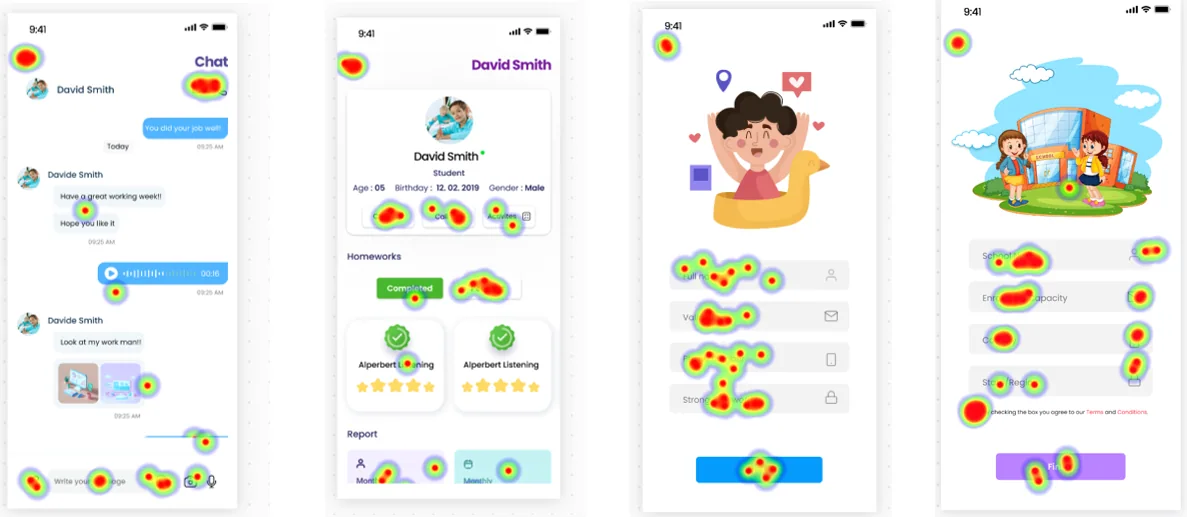 Useberry heat-map artefact showing tap locations on Bright Spark chat, child profile and account-entry screens