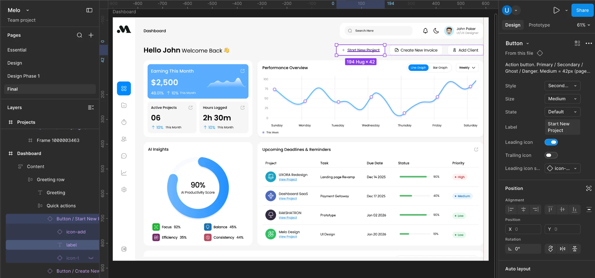 Melo dashboard after applying the design system