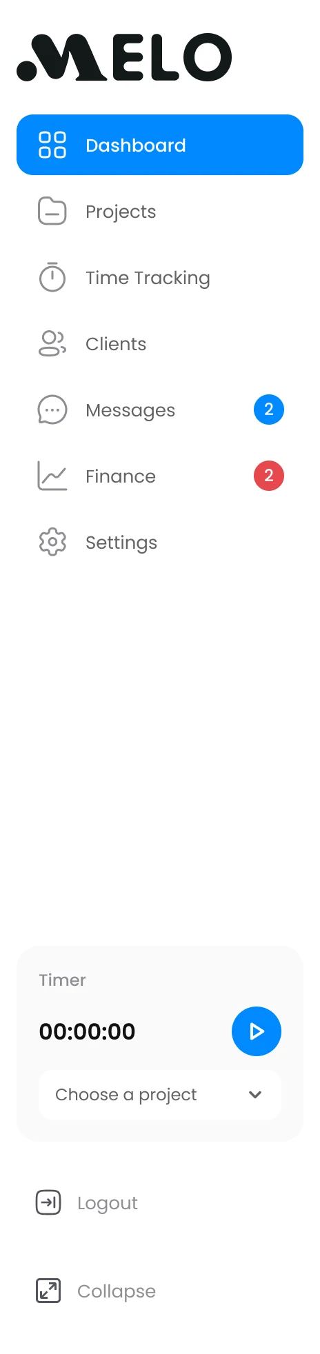 Expanded sidebar with seven labelled destinations and a timer dock.