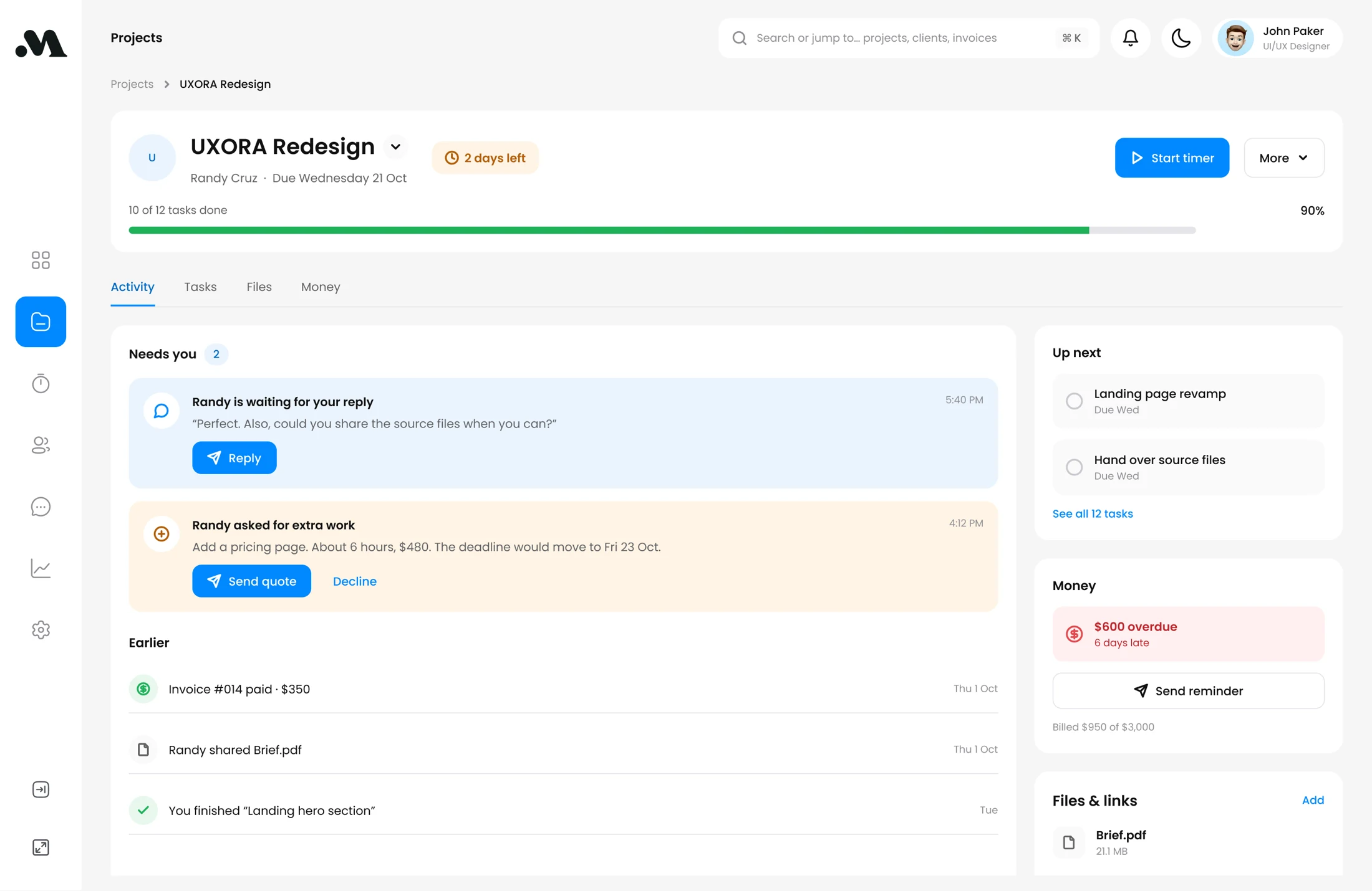 Updated project detail with client conversation, additional-work request and files.