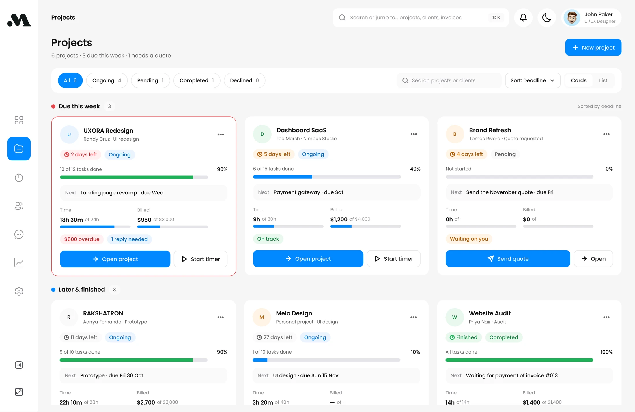 Updated projects overview with deadline badges and explicit project actions.
