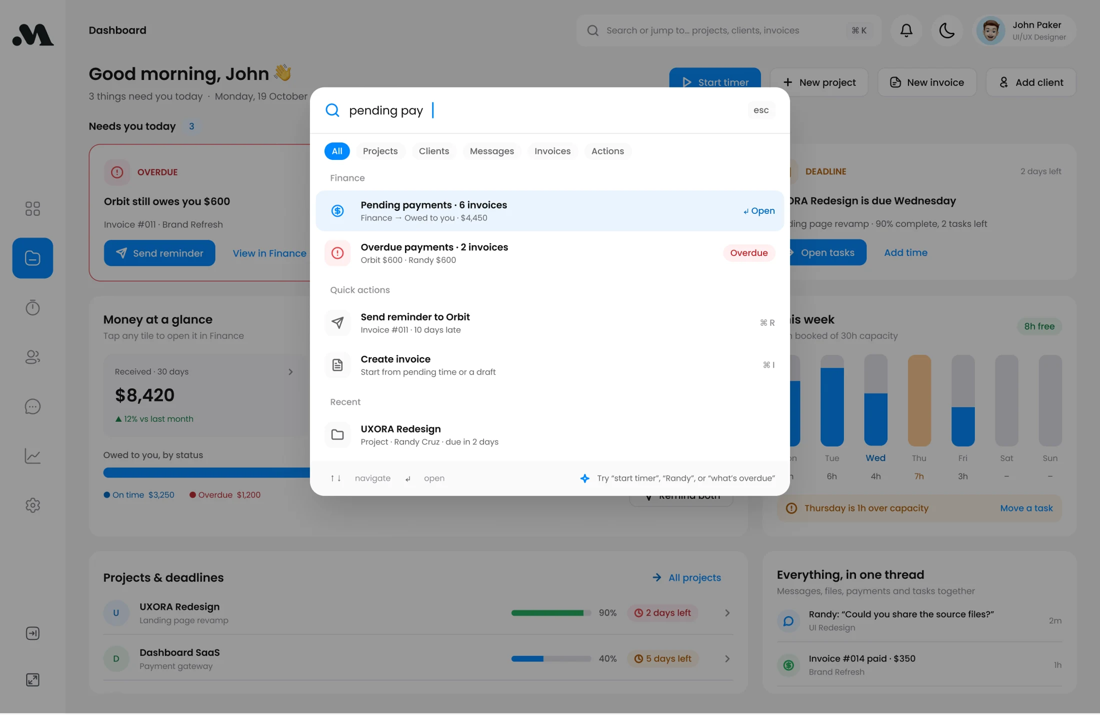 Search overlay with pending-payment results, reminder actions and recent projects.