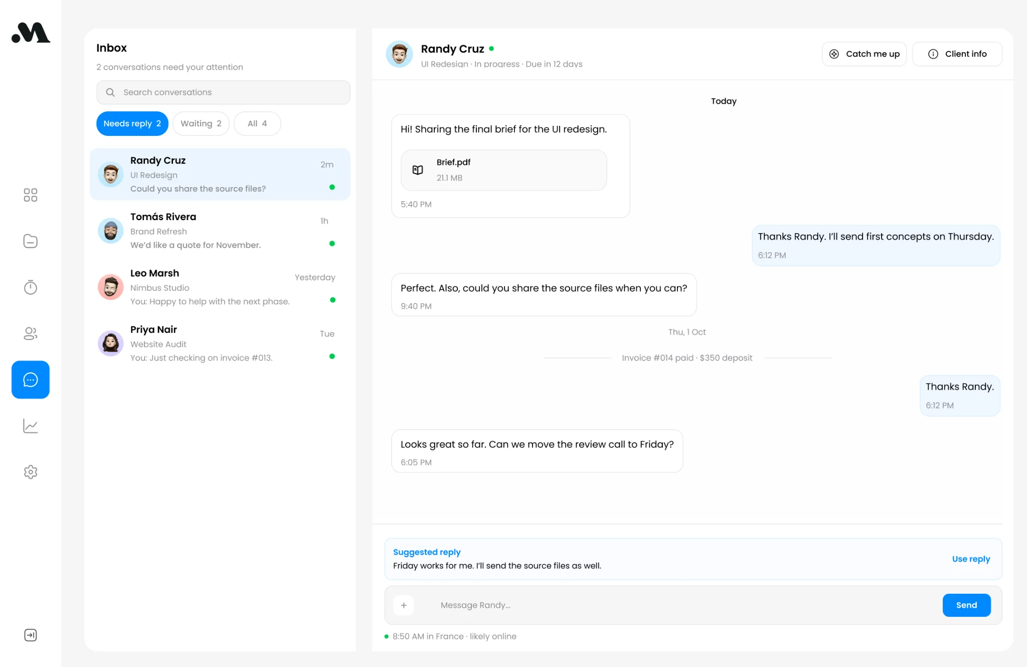 Melo messaging screen with inbox, client conversation, catch-me-up and suggested reply features