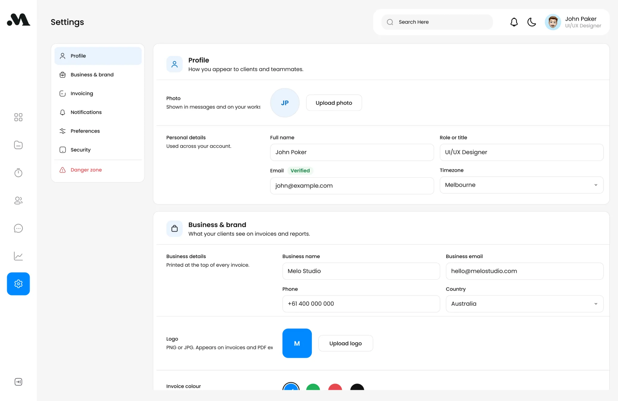 Melo settings screen showing profile, business and brand, invoicing, notifications, preferences and security settings.