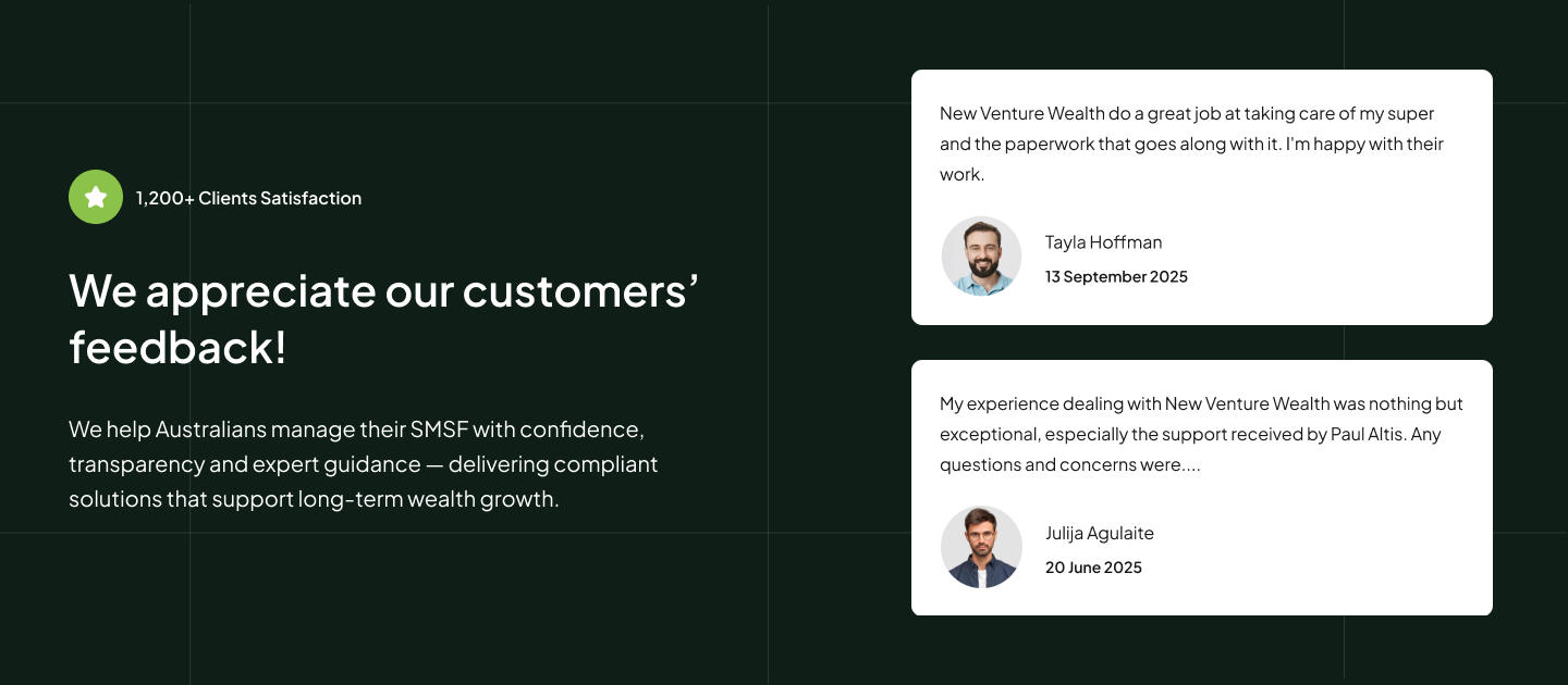 New Venture Wealth Customer Feedback section from the Figma design.
