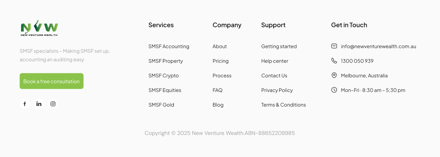 New Venture Wealth Footer section from the Figma design.