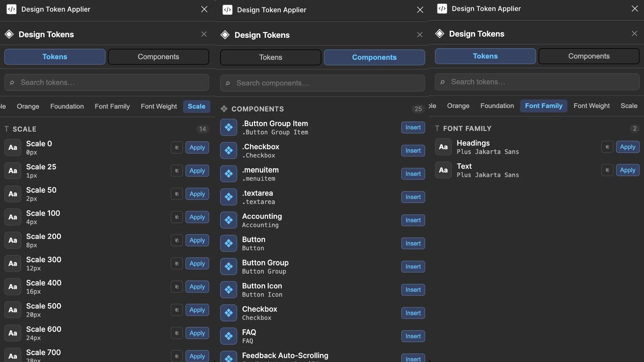 Design Token Applier: token browser, typography controls and component insertion.